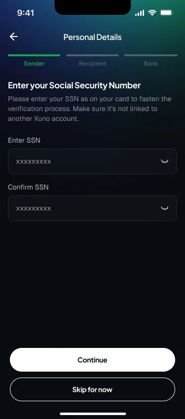 Xuno identity verification screen for entering and confirming your SSN